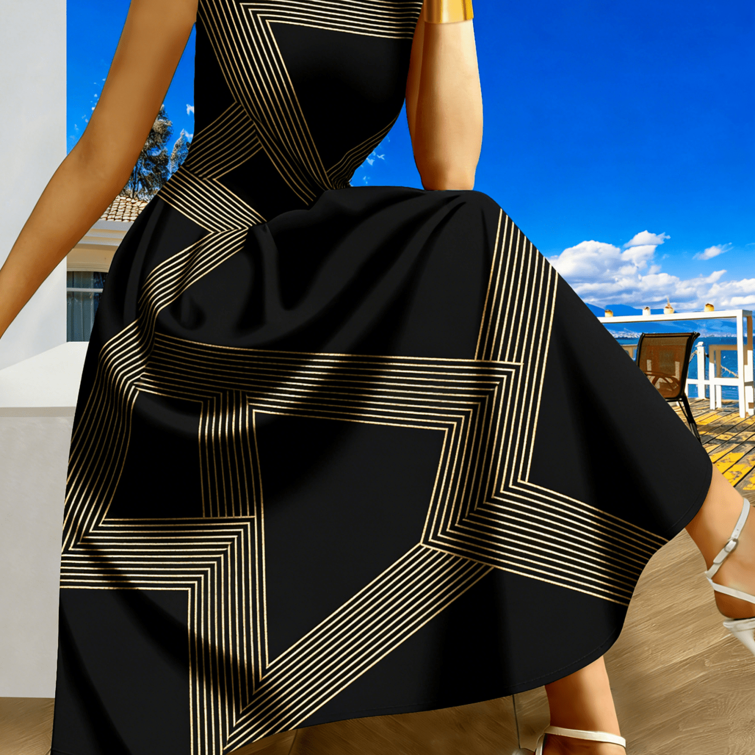 Image of Plus Size - Plus Size - Plus Size Golden Geometric Maxi Dress Sleeveless Luxe Metallic Pattern Chic A- For Summer Travel Wedding Guest Cocktail Party Casual Daily