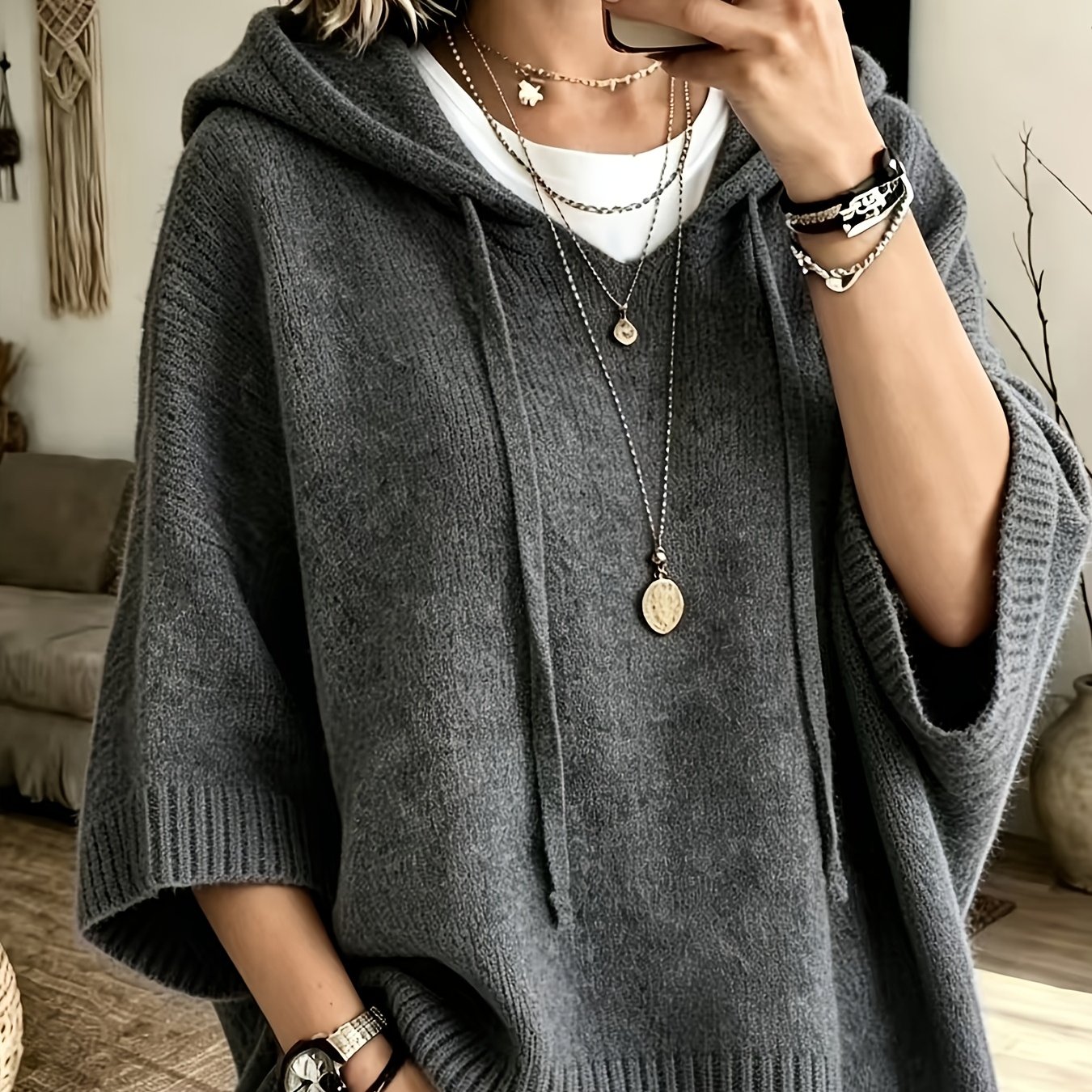 TEMU Women's Elegant Casual Three-quarter Sleeve Drawstring Hooded Sweatshirt