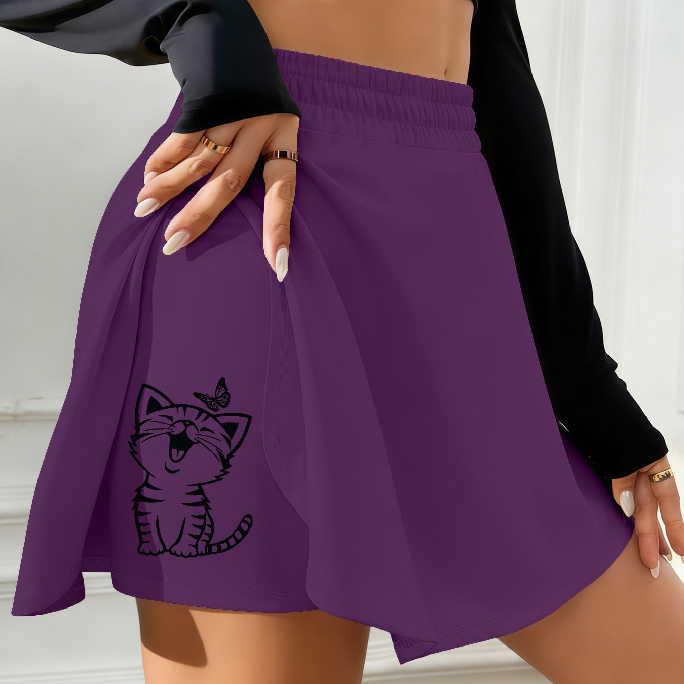 TEMU 2026 Summer New Arrival Women's Casual Swear, Simple Art Cat And Print Pattern, Short Skort