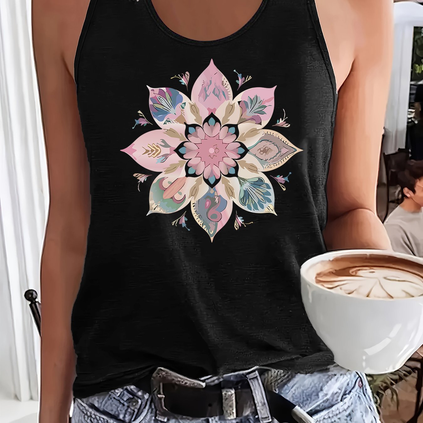 TEMU Women's Floral Print Sleeveless Tank Top - Vibrant Mandala Design, Breathable & Lightweight For Spring/summer, Casual Round Neck Style, Casual