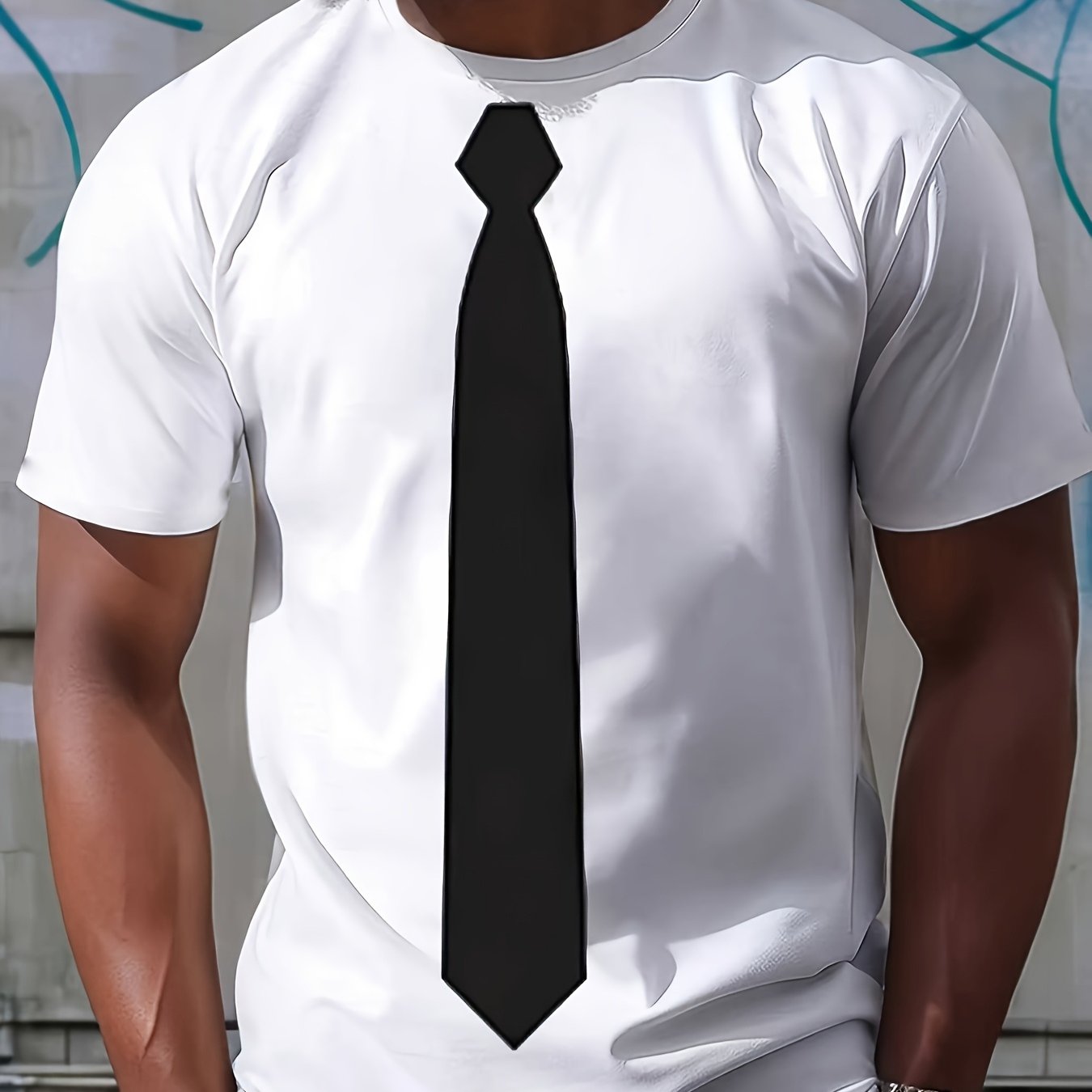 TEMU - Men's Print Tie Pattern T-shirt - White With Black , Round Neck Short Sleeve Casual Wear, Breathable Summer Fabric, Machine Washable, A