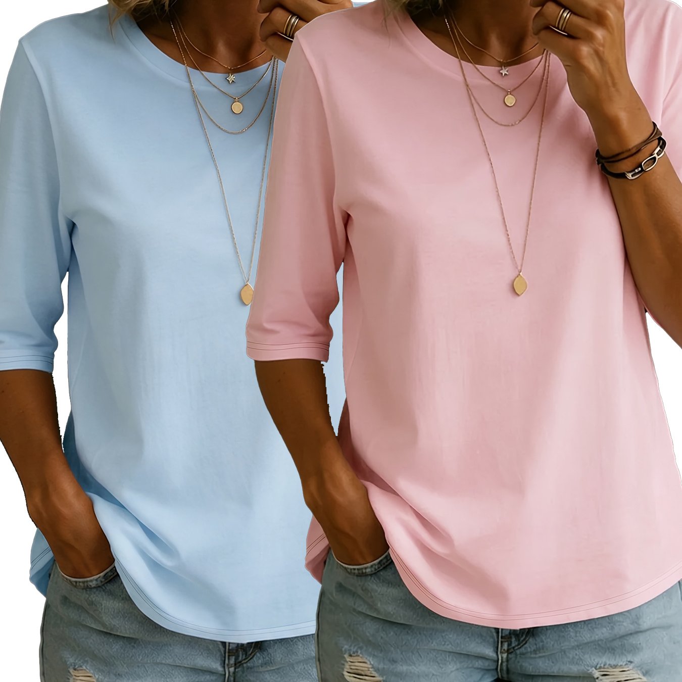 TEMU 2pcs Set - Women's Fashion Spring/summer New Arrival, Simple , Solid Color Unprinted Round Neck Half-sleeve Top, Loose Fit Casual Base Tee,