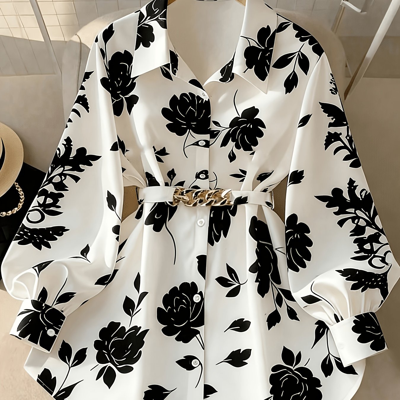 TEMU Women's Fashion Casual Floral Print Lapel Collar Lantern Sleeve Shirt With Metal Chain Spliced Waist Belt, Elegant Loose Fit Long Sleeve Blouse