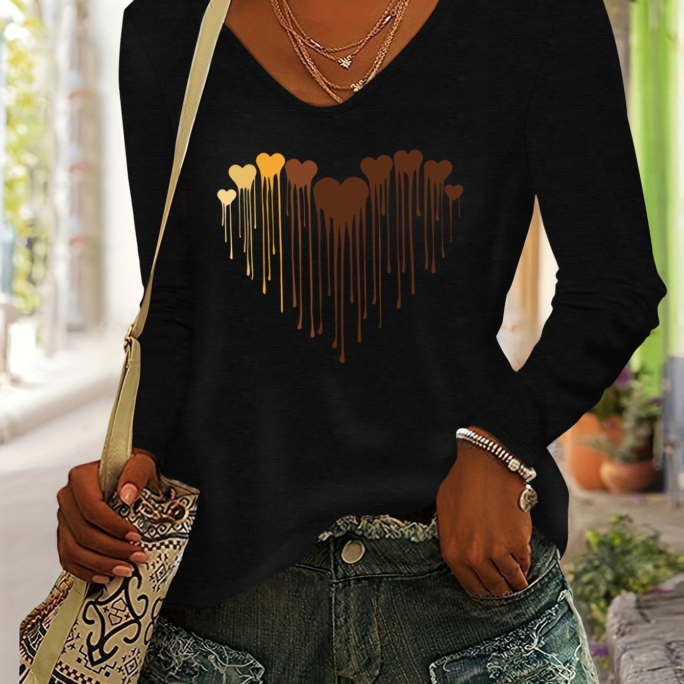 TEMU Heart Pattern Print Women's Casual Comfortable Fall Colored V-neck Long Sleeve T-shirt