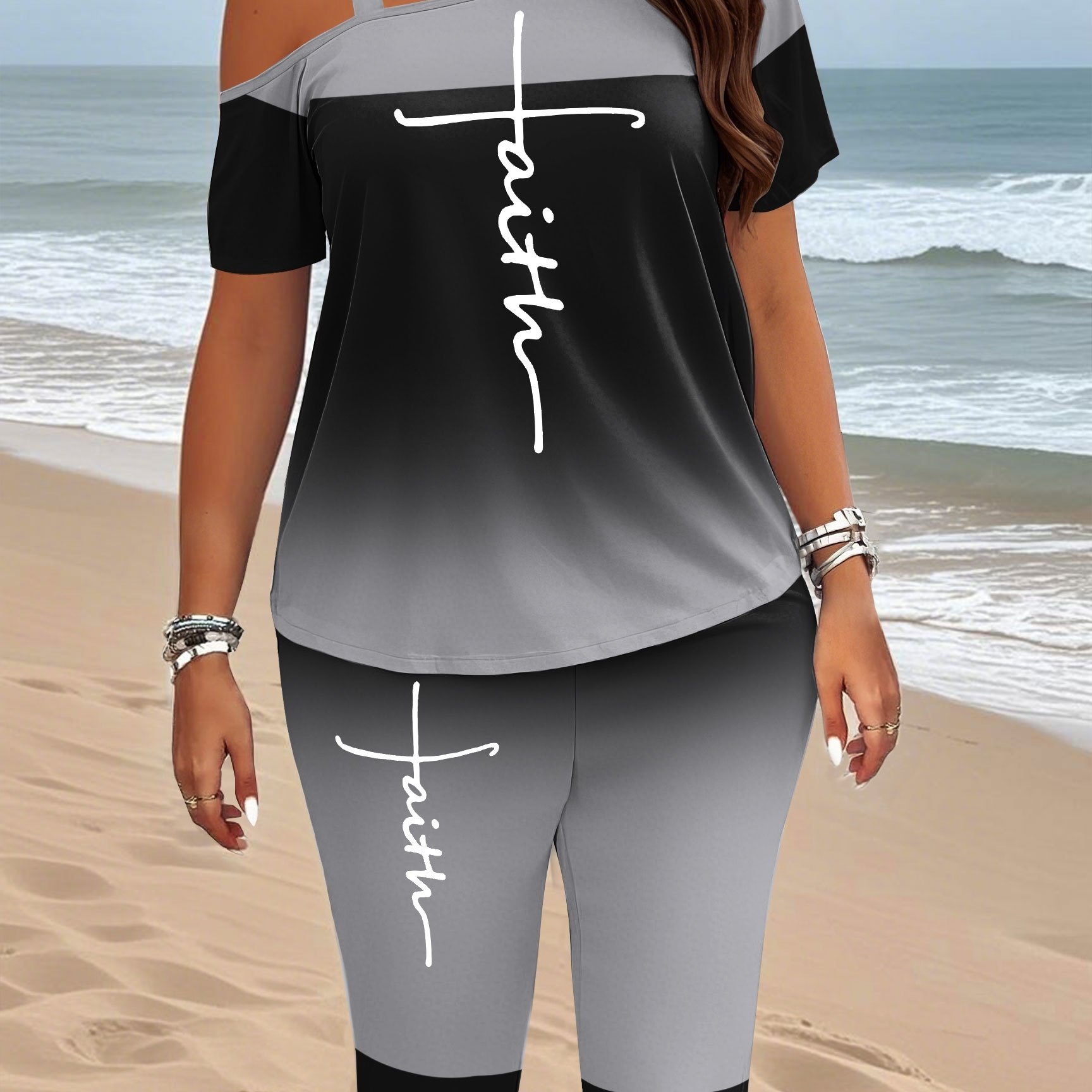 Image of Women's Fashion 2pcs Set, "faith" Cross Pattern Print Camisole Top With Matching Print 7/8 Pants Set, Suitable For And Going Out