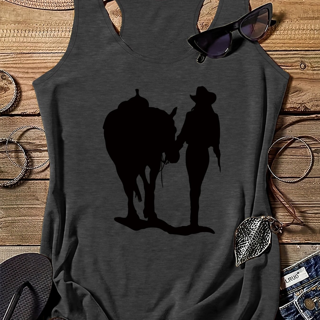 TEMU Women's Western Cowgirl Print Tank Top - Western Horse & Cactus Blouse Style Suitable For Summer, Casual Crew Neck Sleeveless Shirt, Machine