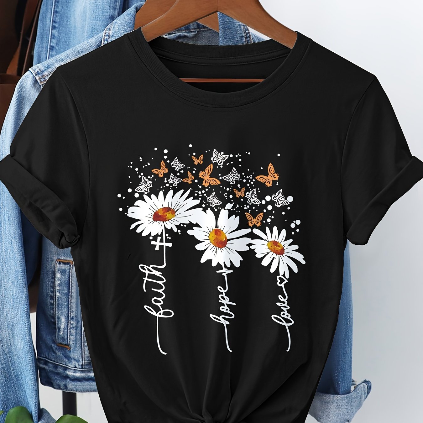 Image of Short-sleeve Round-neck T-shirt With A Print Of Faith, , And Love