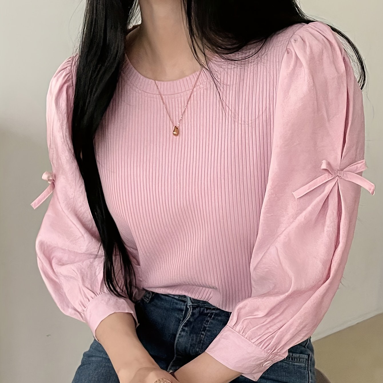 TEMU Women' Color Round Neck Long Sleeve Shirt With Bow Decoratio N, Elegant, Winter/autumn