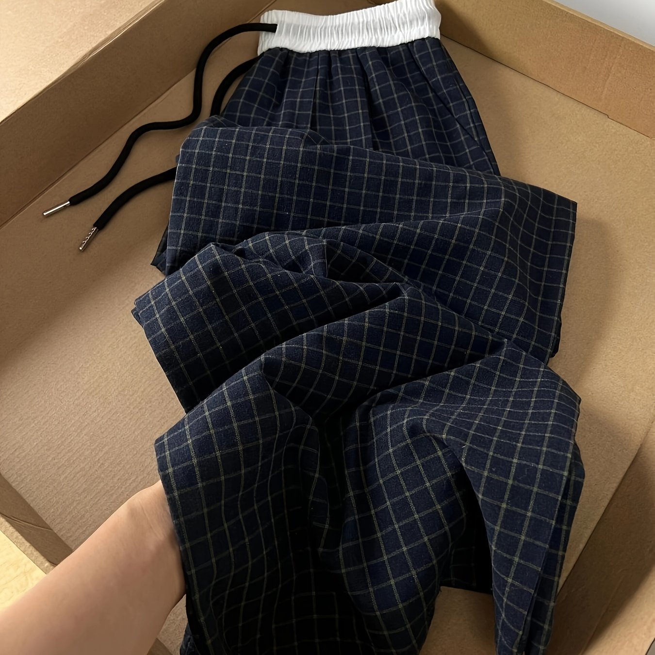 TEMU プリントチェック柄 カジュアルワイドレッグパンツ レディース 夏用アウター ハイウエスト ストレートレッグパンツ