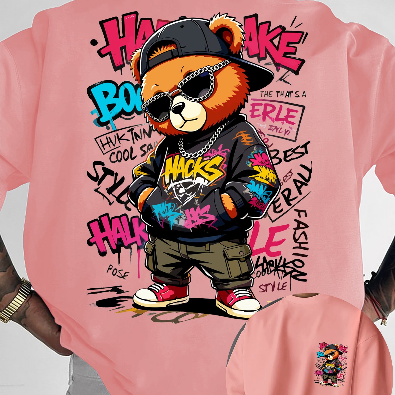 TEMU Hip-hop Style 'graffiti Bear' Lettered Teddy Bear Print T-shirt
