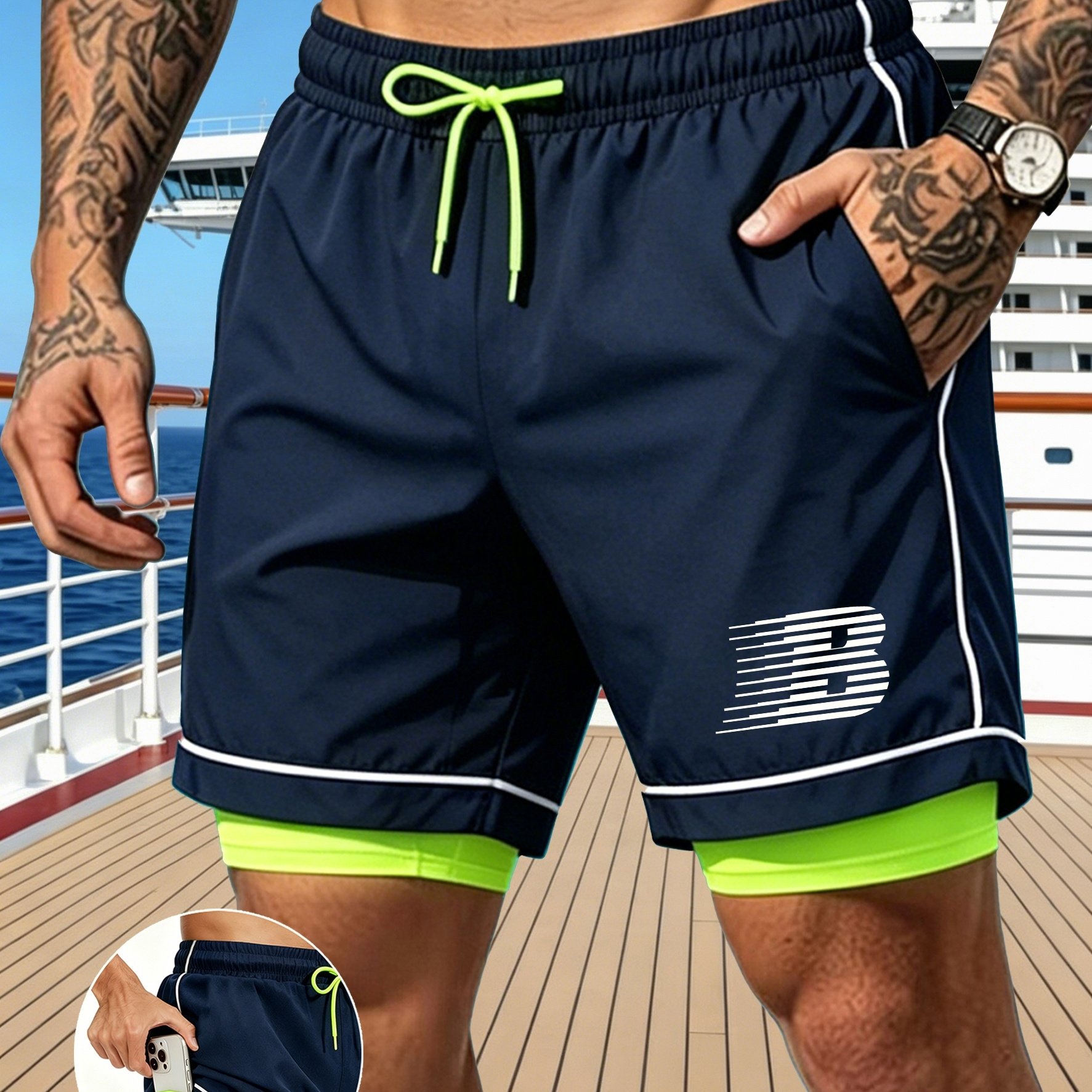 TEMU Men's Quick-dry Swim Trunks, Lightweight Beach Shorts, Swimming Shorts, Suitable For Swimming, Surfing, Gym, Travel - Machine Washable Polyester