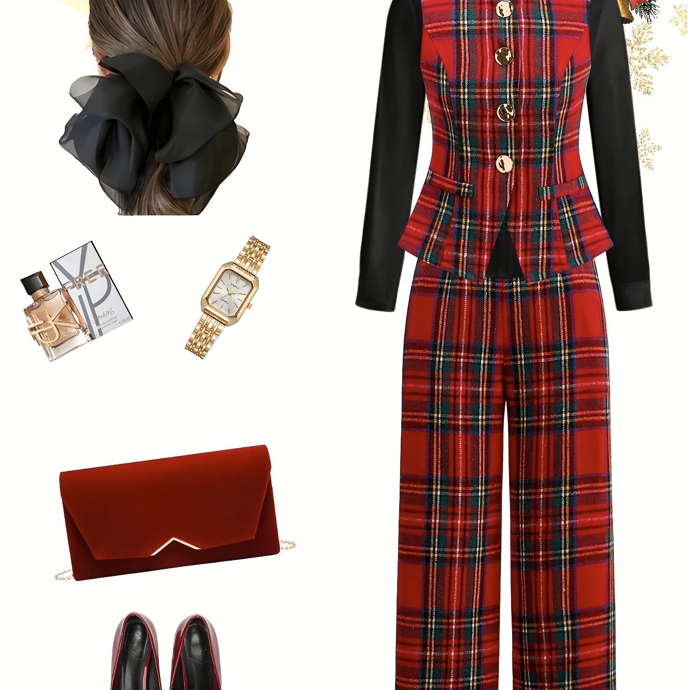 TEMU Plaid Vest Wide-leg Pants Two-piece Set For Women | Vintage And Exquisite Style Items, Suitable For Daily Street Wear, Light Formal Occasions, And