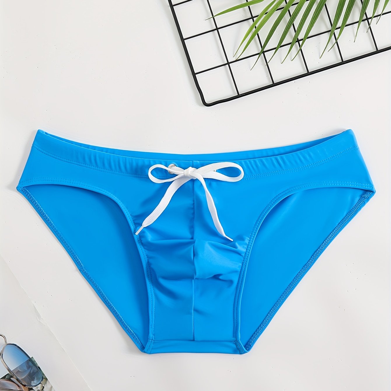 TEMU Men's Quick-dry Trunks With Safety Rope, Solid Color Nylon, Sun-friendly, Stylish, Trending, High-stretch Triangle Swim Briefs