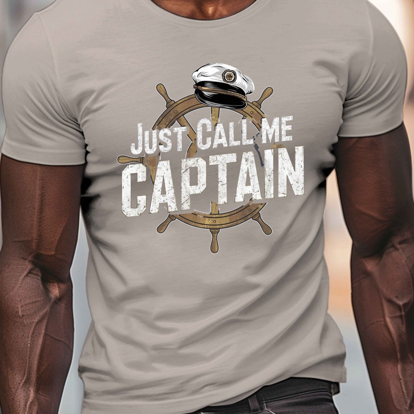 TEMU Helm Me Captain Print, Men's Round Crew Neck Short Sleeve Tee, Casual T-shirtcasual Comfy Lightweight Top For Summer