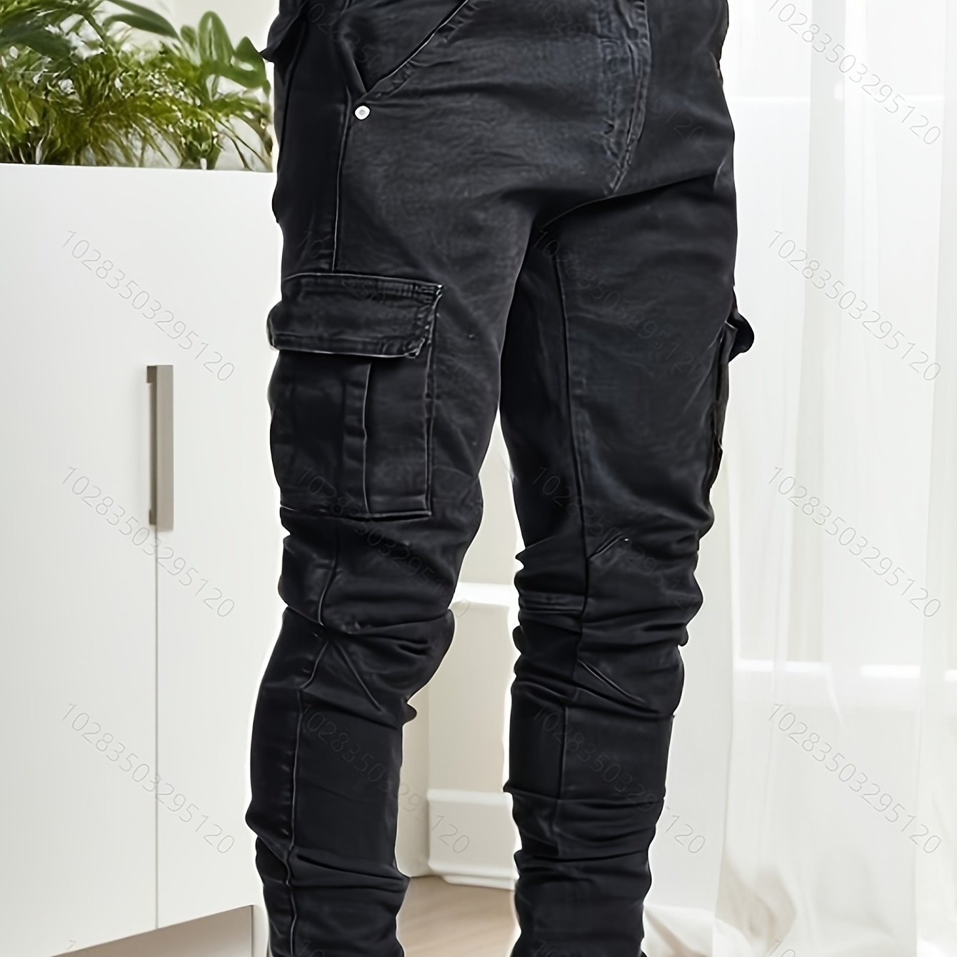 TEMU Jeans Cargo De Ajuste Delgado Para Hombre - Denim Elástico Con Diseño De Múltiples Bolsillos, , Uso En Todas