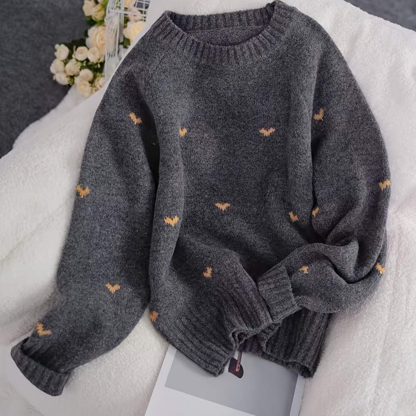 TEMU 2026 New Loose Casual Autumn Winter All-match Gentle Style Top Embroidered Sweater Women's Pullover