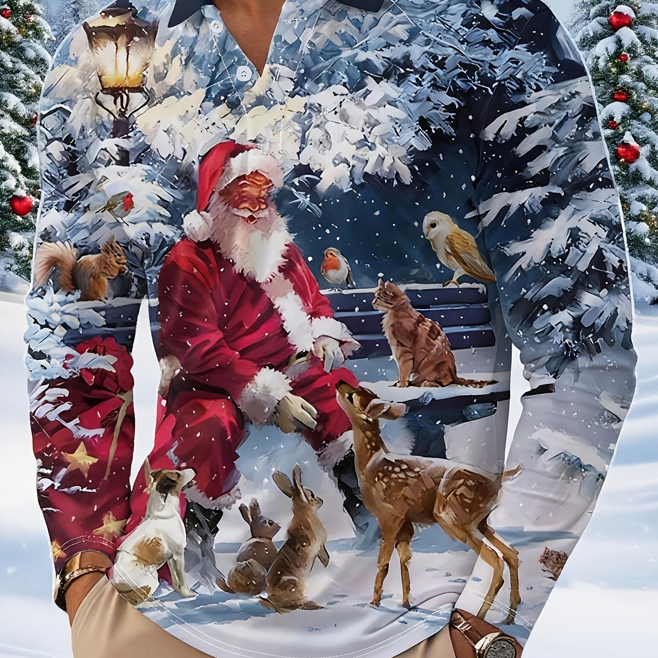 TEMU Men's Long-sleeve Shirt With A Christmas Theme, Featuring A Snow-themed Collar And 3d Digital Printing Of Cute Santa Claus And Snowman Designs,
