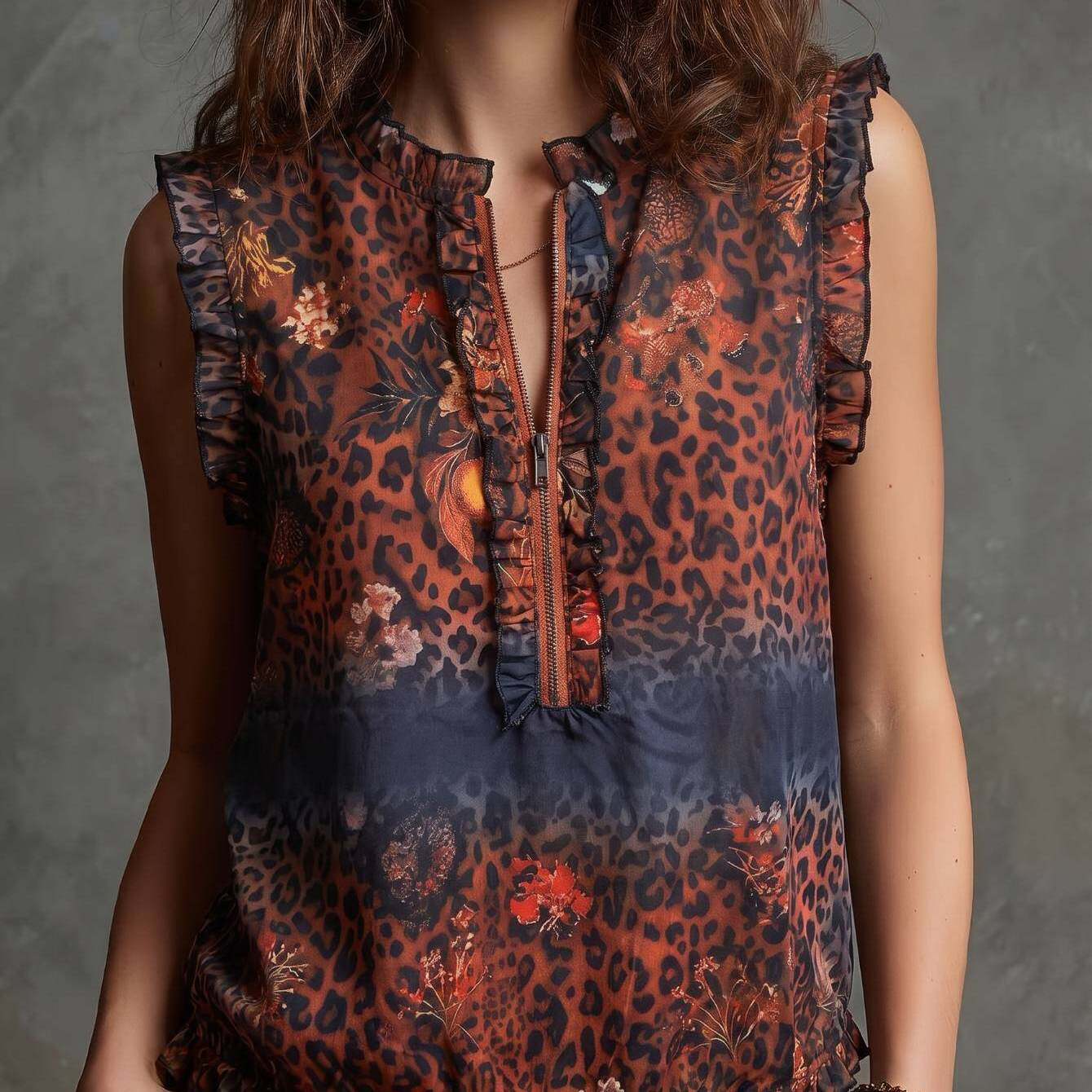TEMU Brown Base Leopard Floral Printed V-neck Sleeveless Ruffle Blouse Women's Vintage Style | Sophisticated Lazy Casual Vibe Perfect For