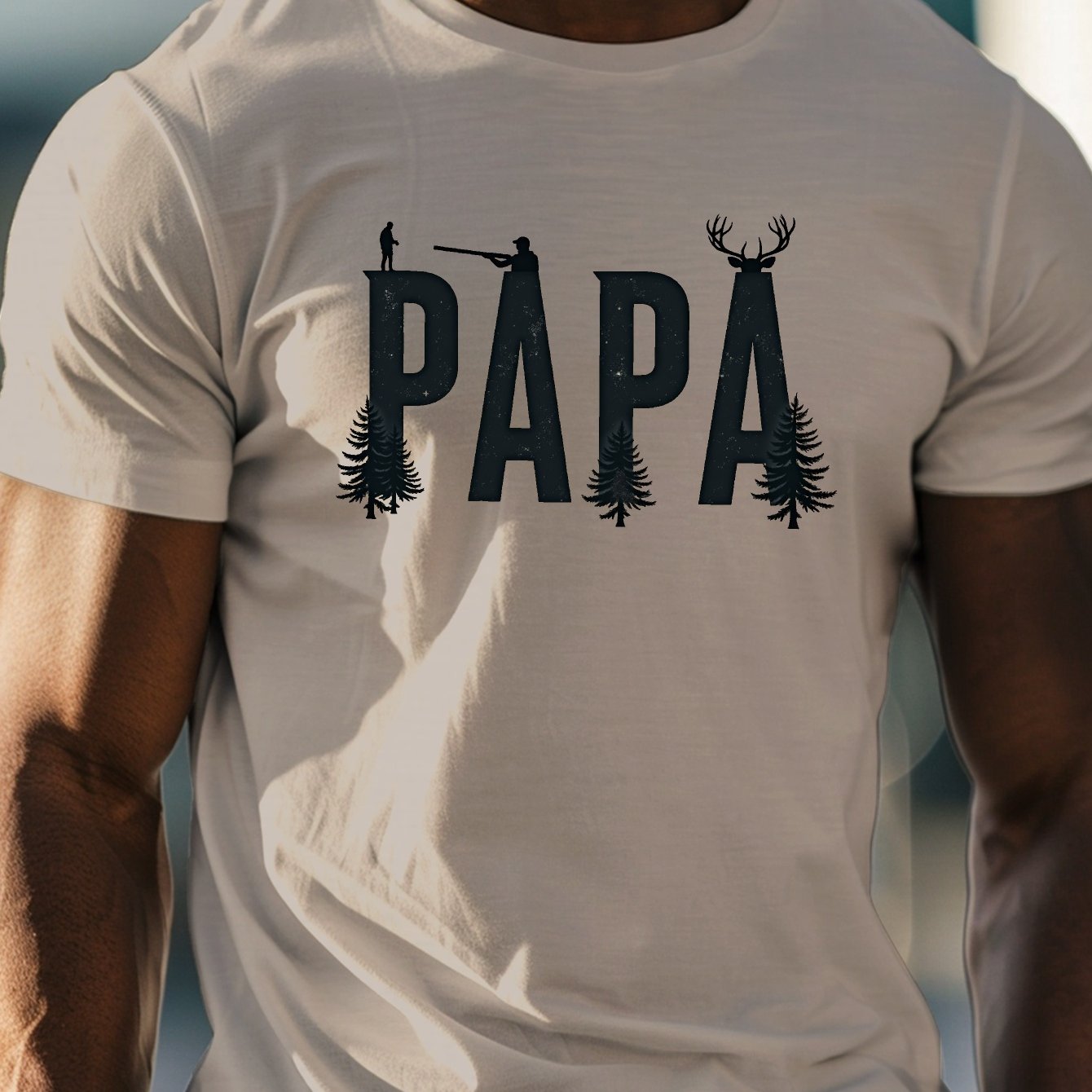 TEMU Papa Hunting & Nature Theme Print Men's Round Crew Neck Short Sleeve T-shirt - Lightweight 100% Polyester Casual Summer Tee With , Machine