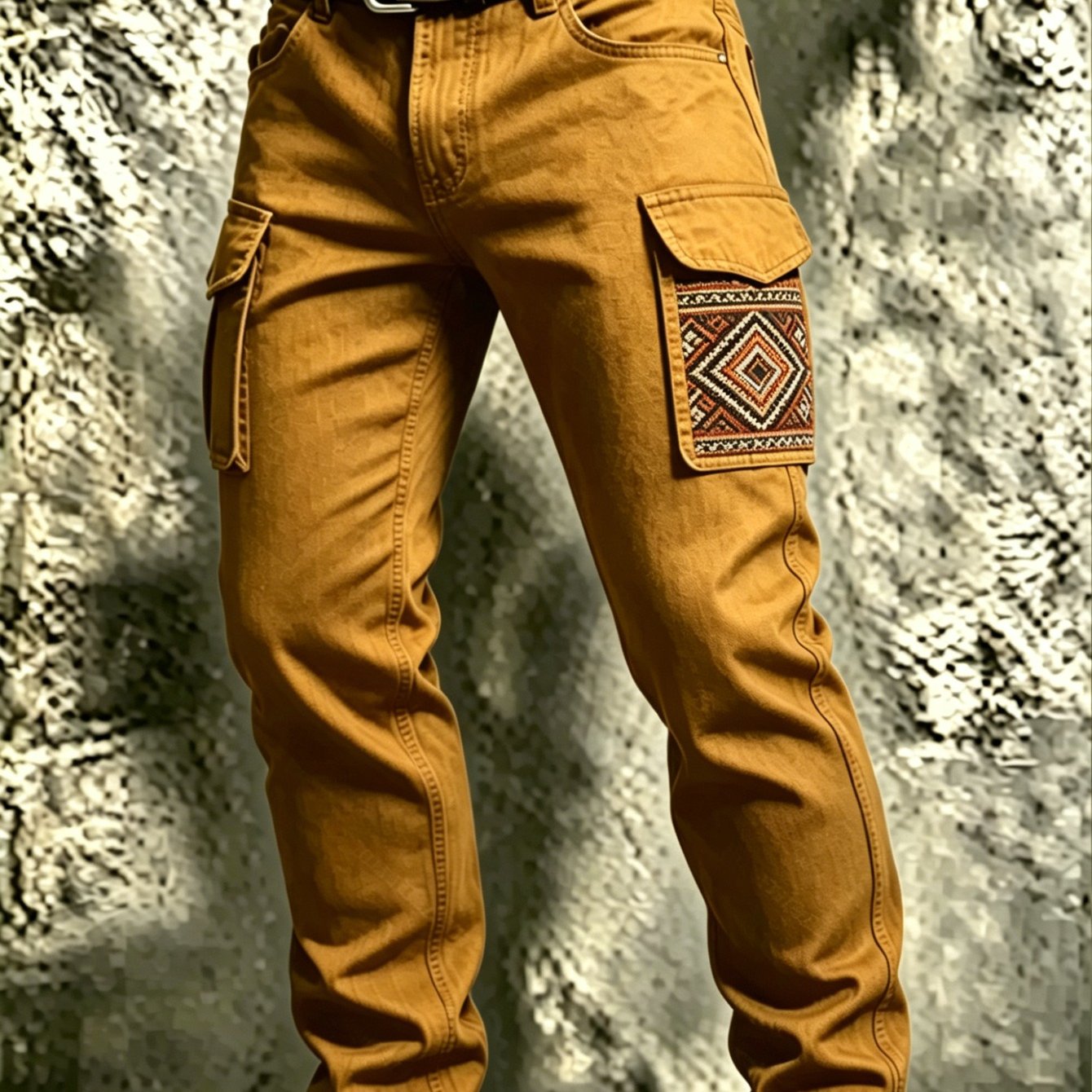 TEMU Men's Polyester Ginger Yellow Cargo Pants Ethnic Geometric Printed Patch Pockets Straight Leg Multi Pocket Trousers For Casual Wear Belt Not