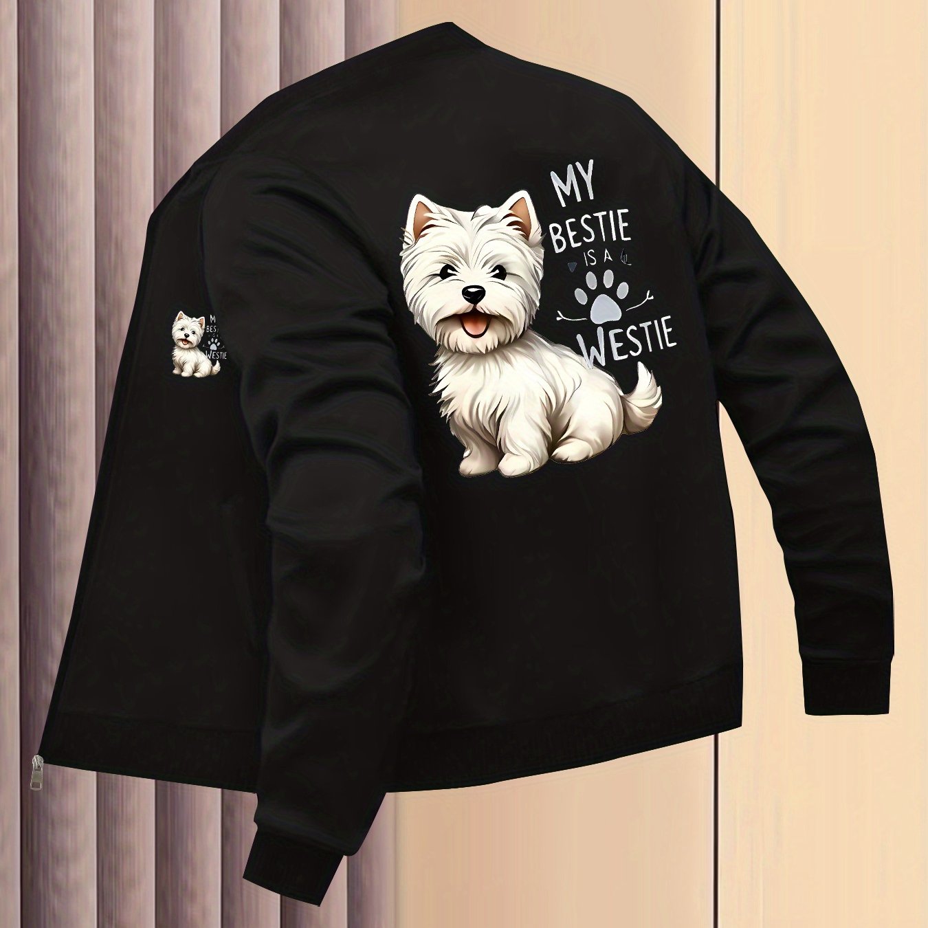 TEMU Casual Jacket With Stand Collar, Versatile Women's Top, Zip-up Designer Coat With West Highland Print - Long Sleeve, Polyester Blend,