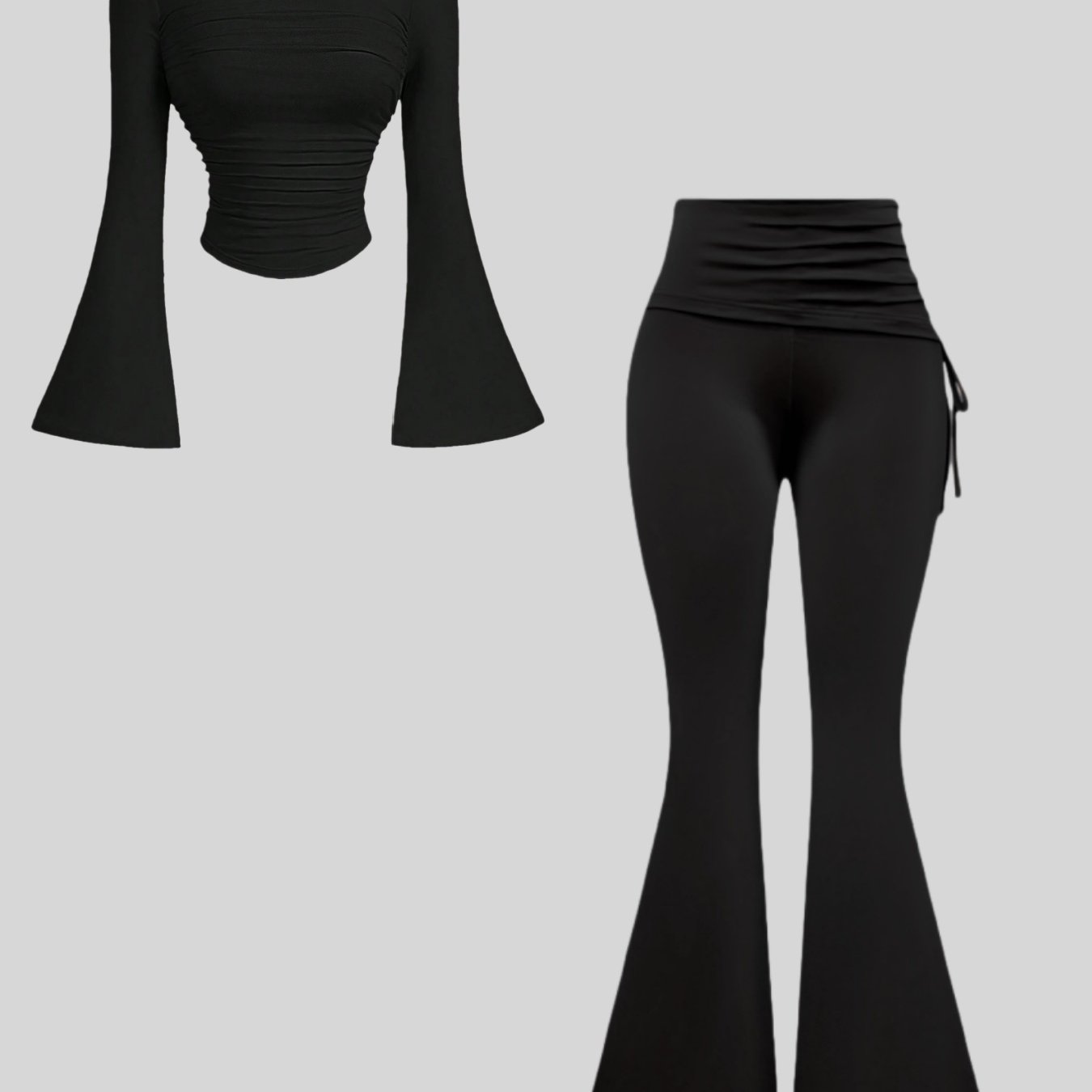 TEMU Women's Fashion Long Sleeve Crew Neck Ruched Flare Sleeve Top, High-waist Slim Fit Drawstring Flared Trousers Set