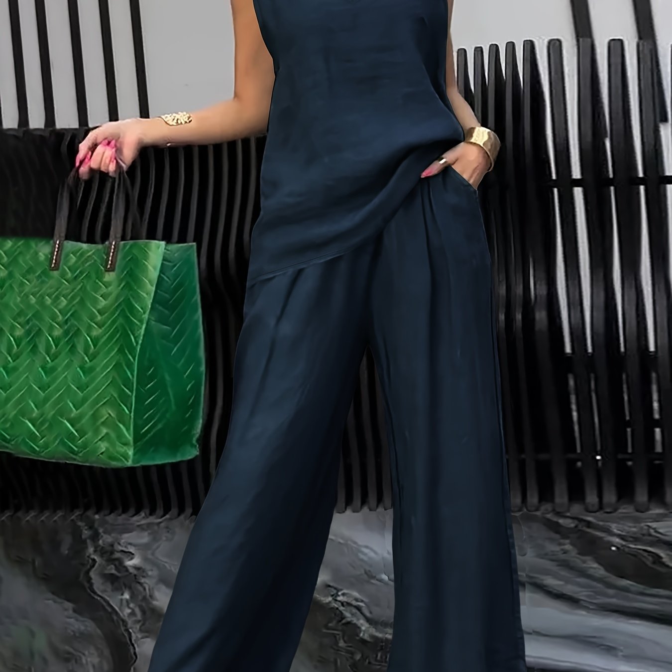 E-shop Damen Casual 2-teiliges Set Einfarbiges Ärmelloses V-Ausschnitt Tanktop + Weite Hose