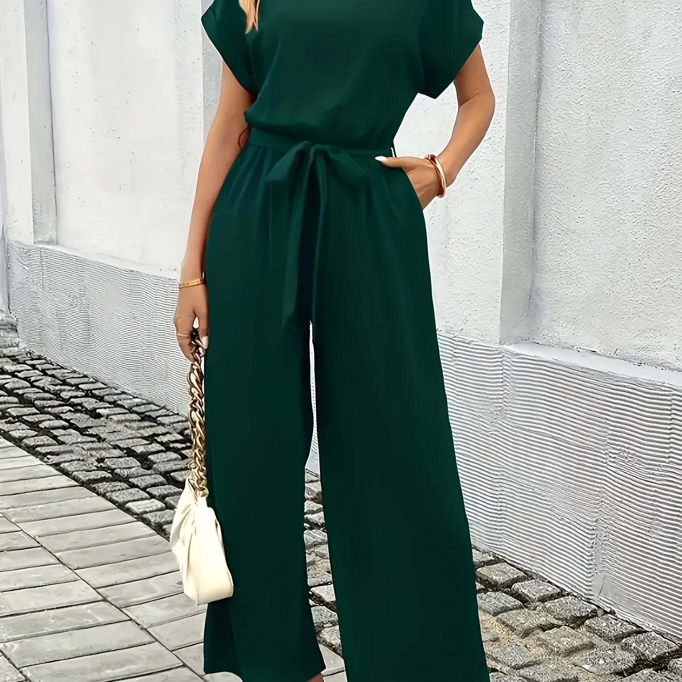 Image of 2025 New Summer Elegant Women's Fashion Solid Color Stretch Round Neck Short Sleeve Shorts Mid-rise Elastic Waist Belt Jumpsuit