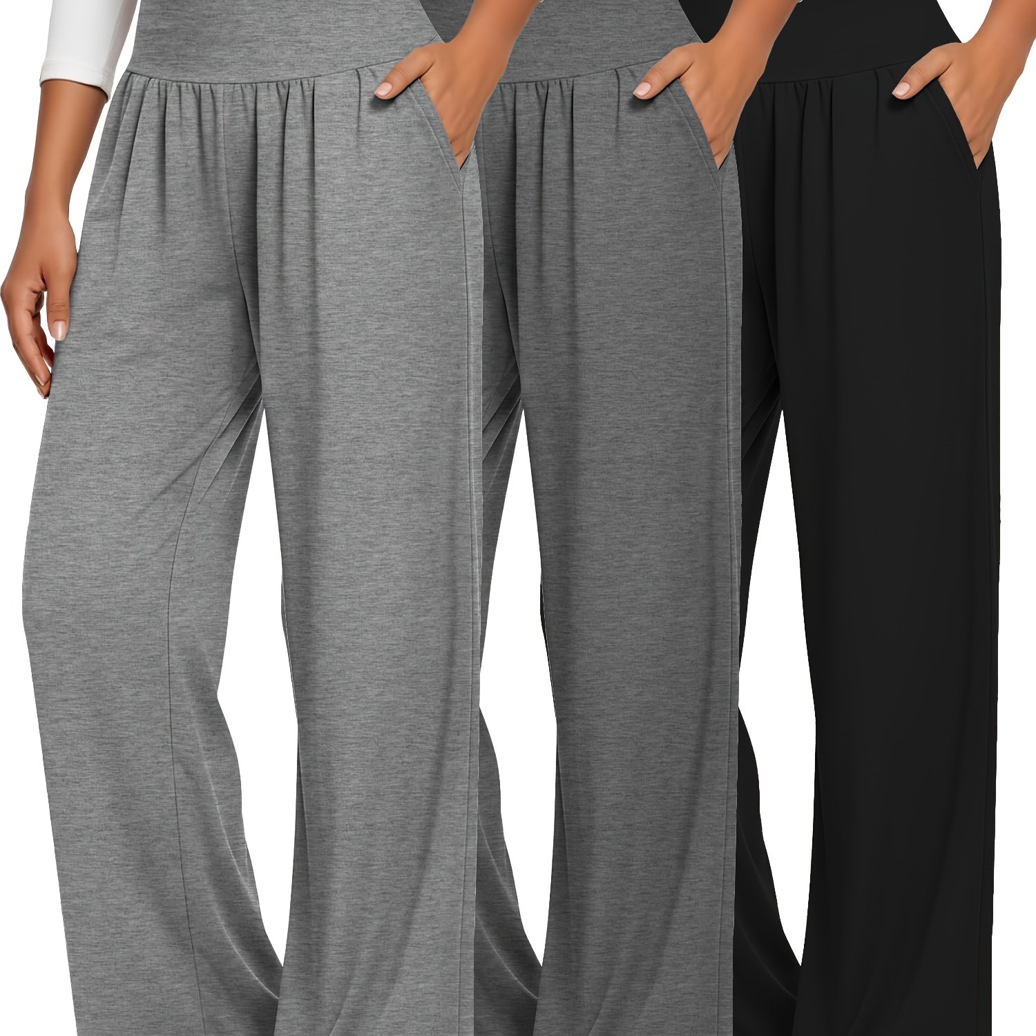 TEMU 3-pack Women's High-waist Wide-leg Yoga Pants With Pockets, Wide Elastic Waistband Tummy Control Sweatpants Comfortable Loose Trousers For