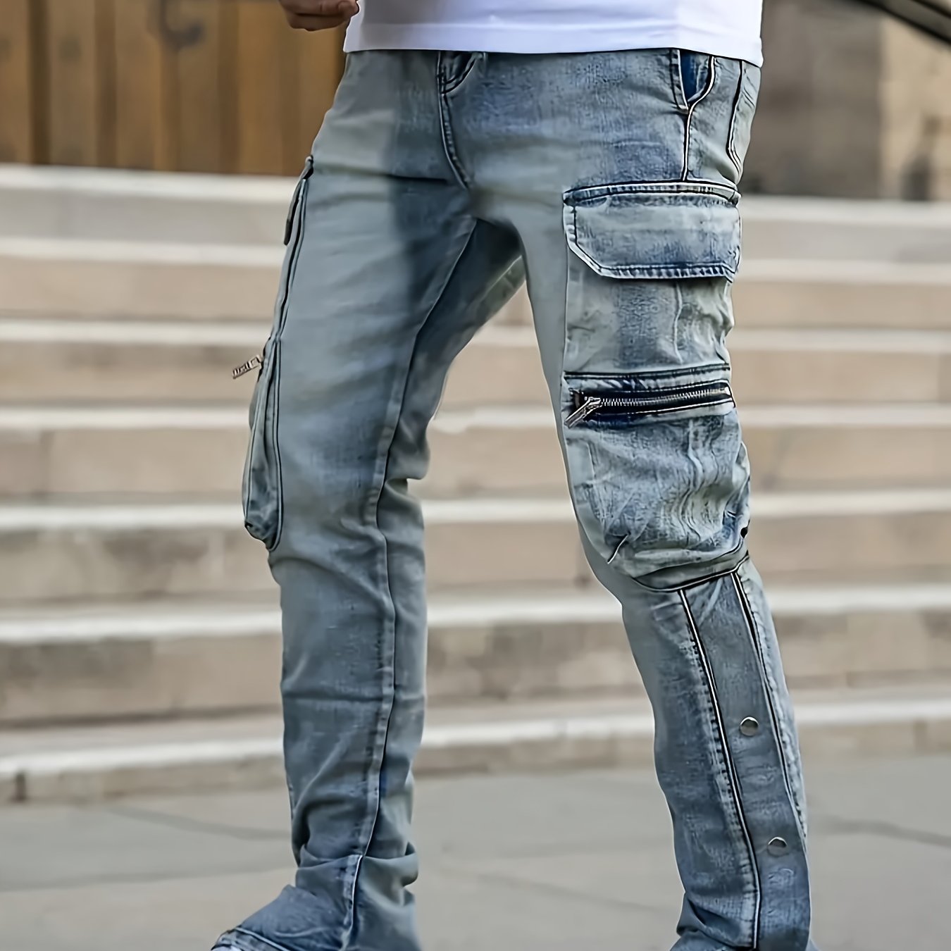 [hme] Men's Jeans, Three-dimensional Cut Multi-pocket Workwear Style, Decoration, Leg Split And Snap Button Design, , Ykk Zipper Closure, Fashionable Men's Denim Long Pants