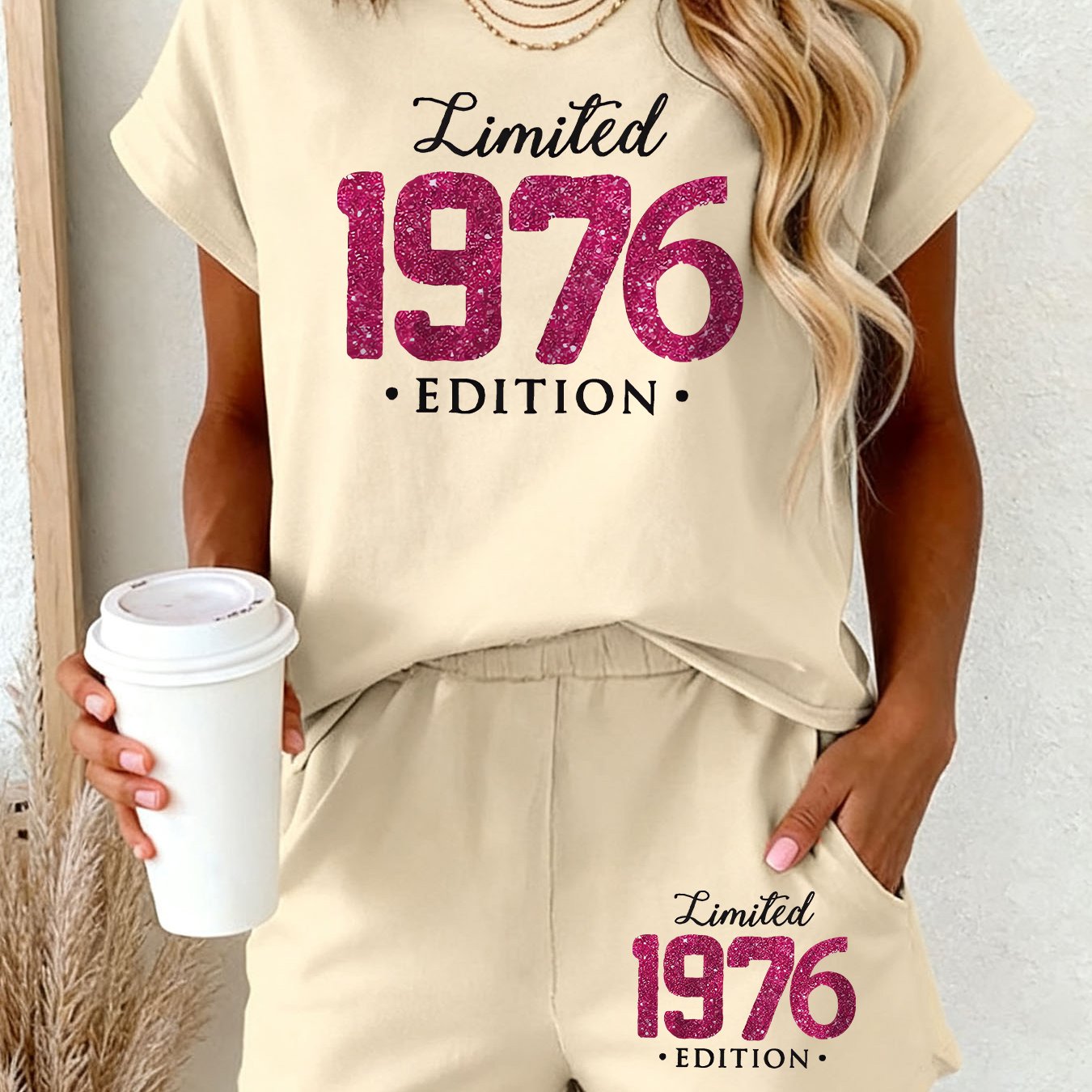 TEMU American 1976 Edition Sequined Number Printed Short-sleeve Shorts Set For Women, Loose Casual Vintage Style Two-piece Outfit