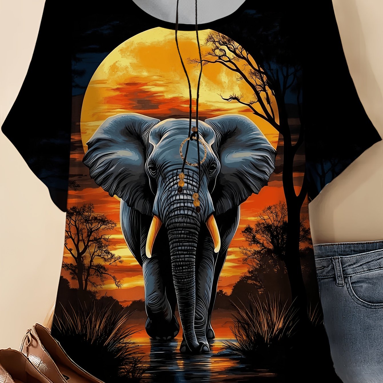 TEMU Plus Size - Plus Size - Plus Size Women's Fashion New Product Elephant And Landscape Short-sleeved T-shirt, Digital Printing T-shirt Retro Style