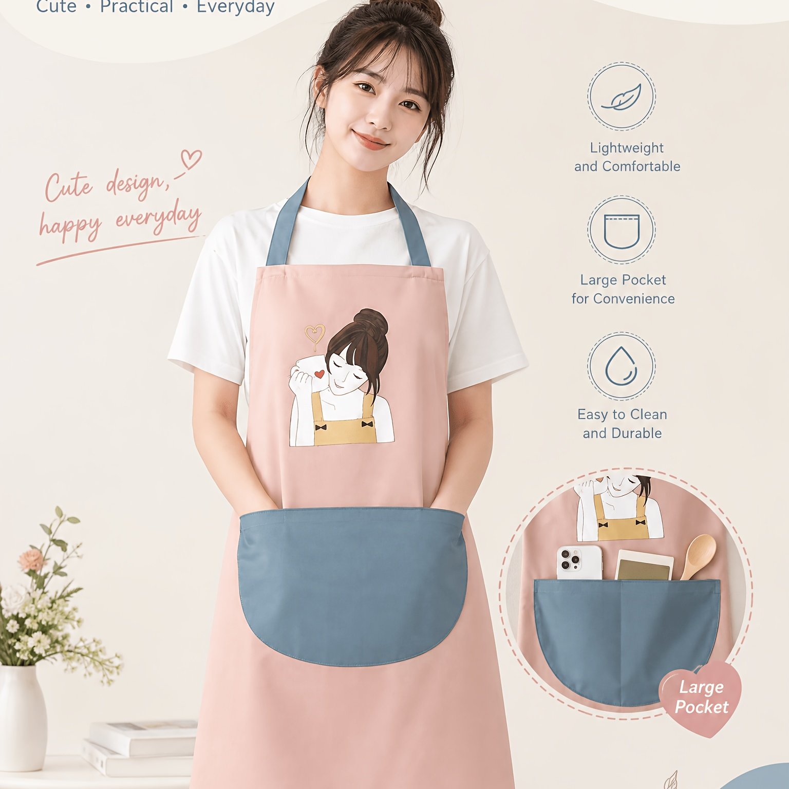 TEMU Ins--block Cartoon Bib Apron For Home Kitchen Cooking And Baking, Featuring A Large Curved Front Pocket With Storage Space. Soft Morandi Color