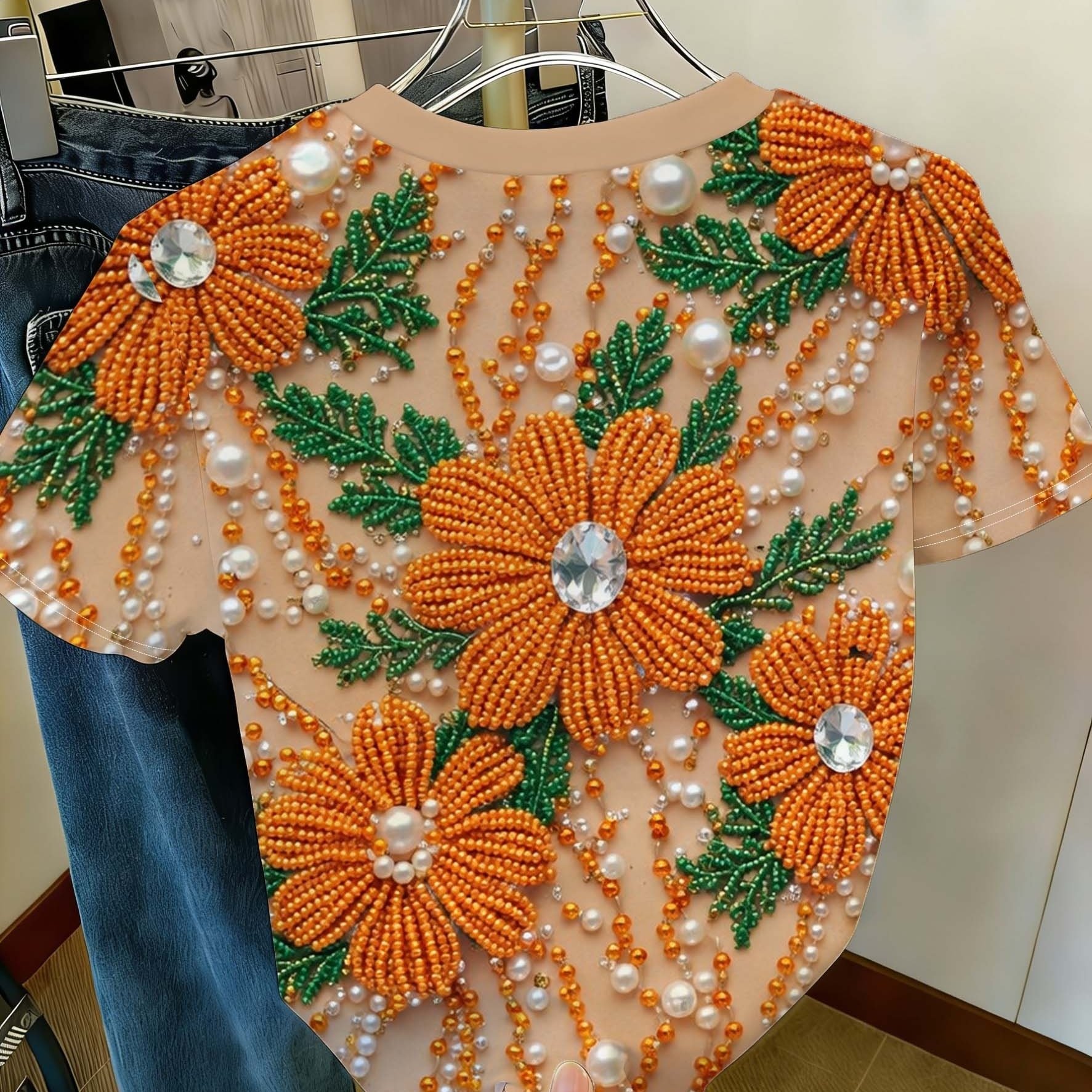 TEMU Essential Women's Printed Design â Not Textured, Women's Fashion , Light Luxury Beaded Embroidery Pearl Print Short Sleeve T-shirt, Floral Roun