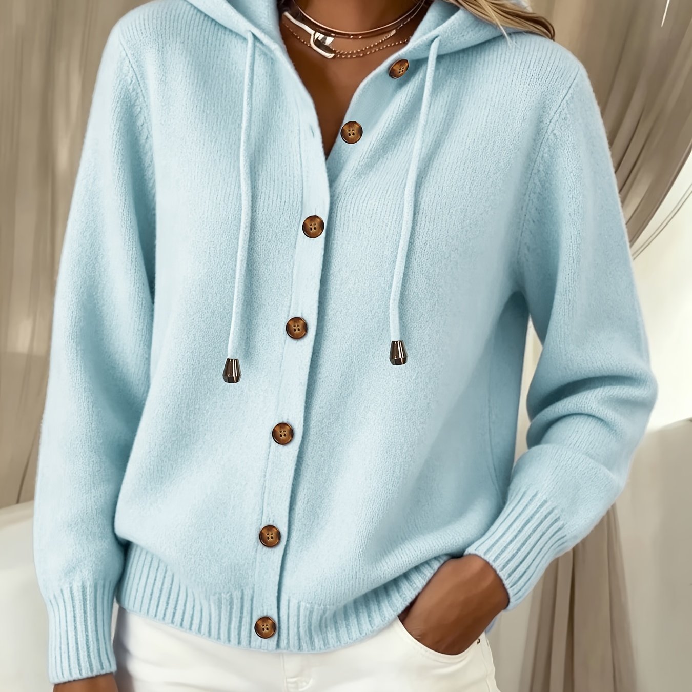 TEMU Women's Autumn/winter New Arrival: Elegant And Fashionable Solid Color Hooded Cardigan, Loose-fit Long-sleeve Hooded Open Front Cardigan,
