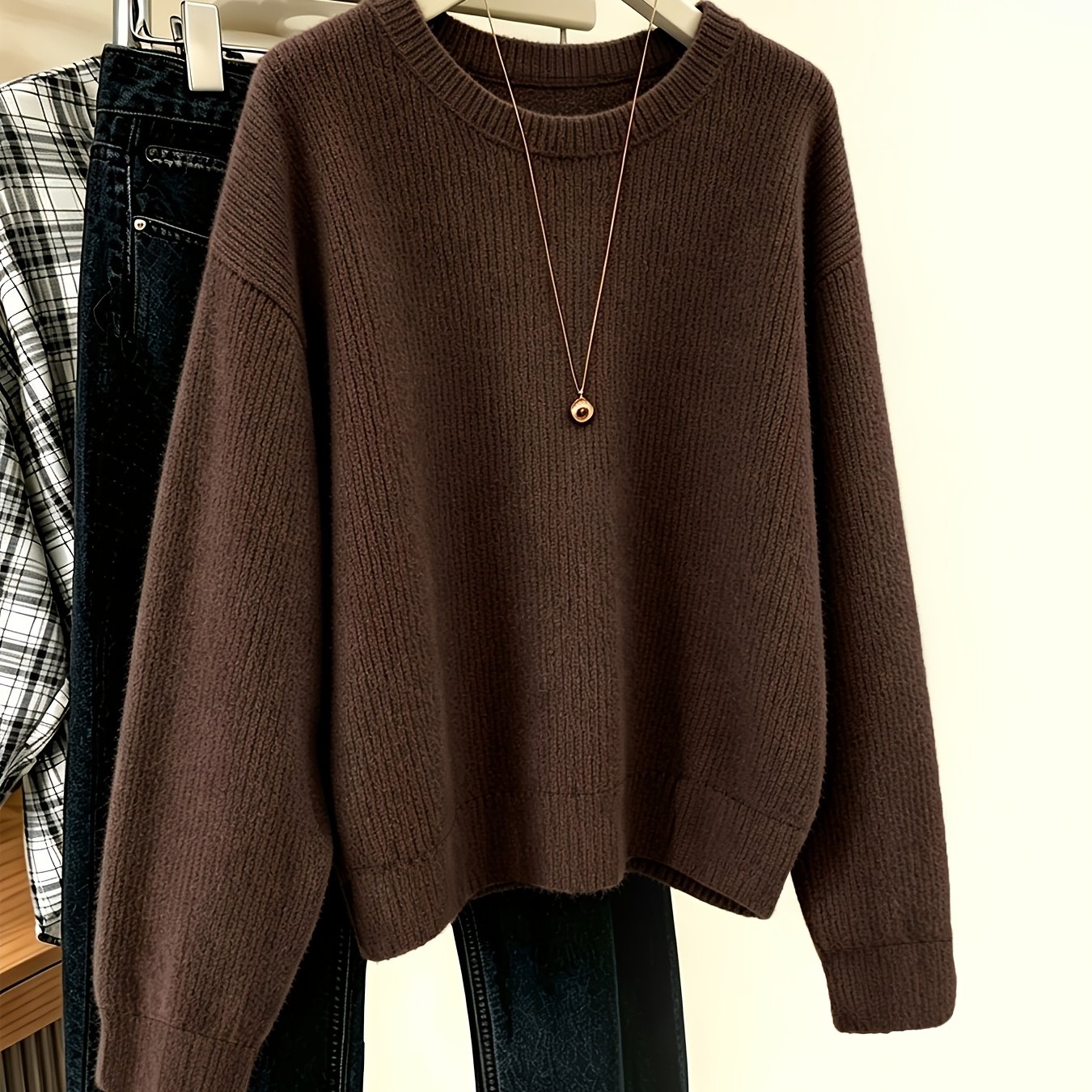 TEMU Women's Soft Sweater - Solid Color Round Neck Pullover With Medium Stretch, Machine Washable Casual Sweater Suitable For , Cozy Warm -compatible
