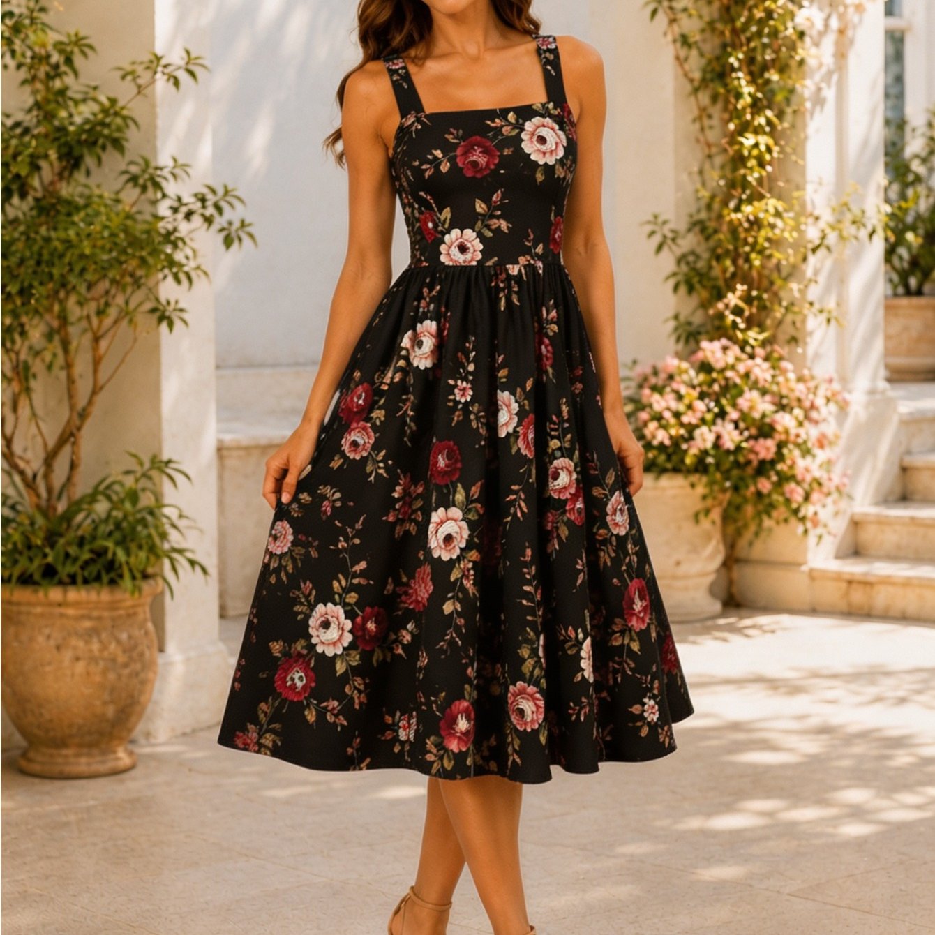 Image of Ladies Retro Floral Square Neck Sleeveless Dress High Waist Pleated A-line Midi Length Elegant Vintage Style Summer Party Evening Casual Outfit Women's Fashion Trendy Clothes