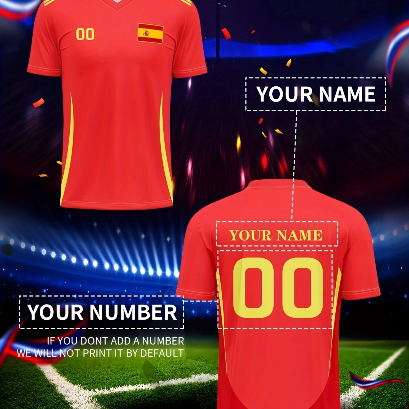 TEMU Adult V-neck Football Jersey | Spanish , Breathable Polyester, Customizable With Name And Number, Perfect For Summer Parties And Sports Events |