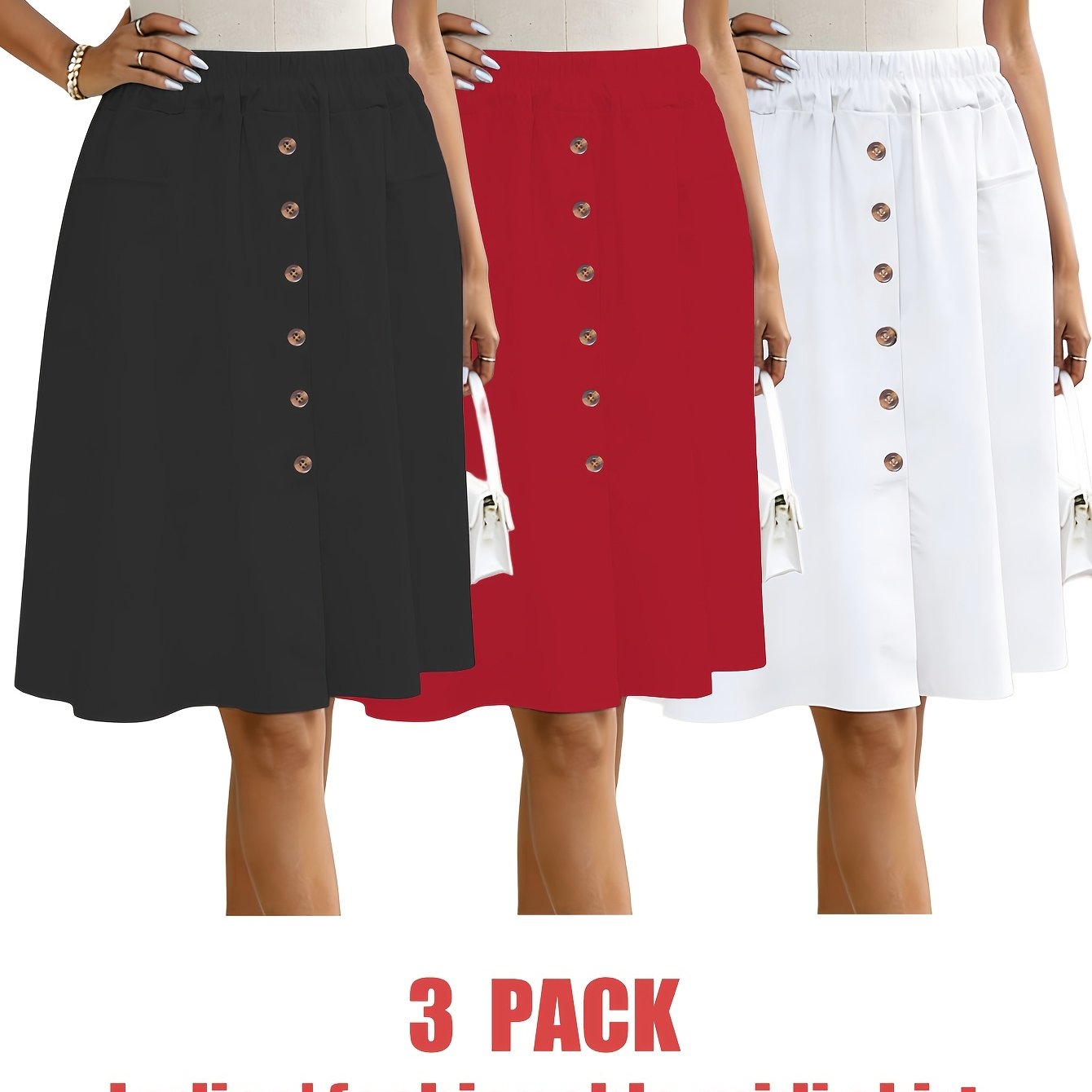 TEMU Plus Size - Plus Size - 3pcs Of Solid Color Button Pocket High-waisted Skirt, Women's Elegant A-line Skirt