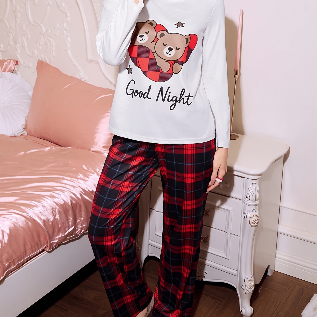 TEMU Women's Pajama And Loungewear 2pcs Set, Spring Summer Autumn Casual Sleepwear, Wear Set, Comfortable For Home Use, Little Bear Theme Pajama Set,
