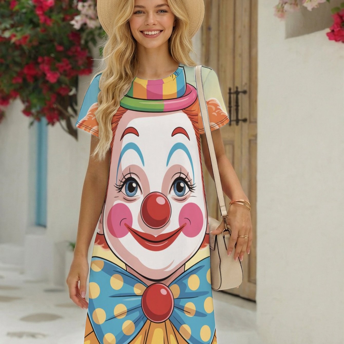 TEMU Women's Print Short Sleeve T-shirt Dress - Full-body Clown With Clown Face & Costume Patterns, Casual Beach Dress Suitable For , Daily Wear,