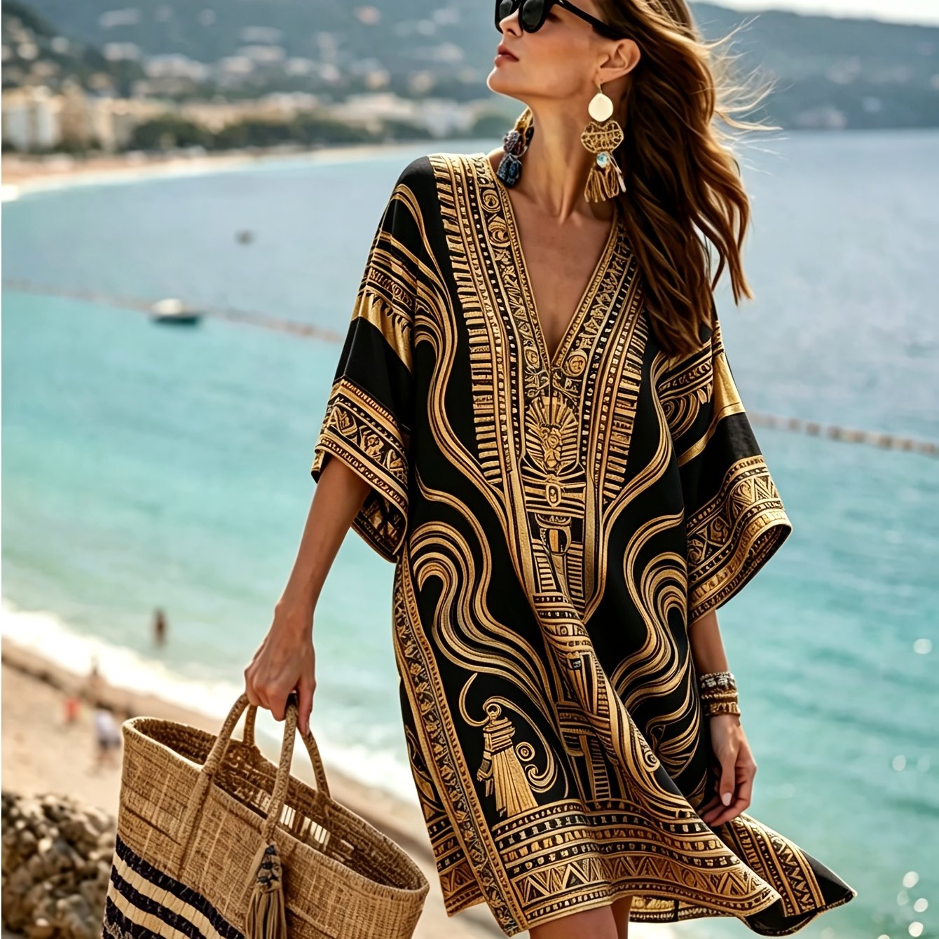 Plus Size Women's Spring And Summer V-neck Kaftan Dress, Bamboo Hemp, Ethnic Style, Bohemian Style, Casual Versatile Vacation Skirt, Suitable For , Used As A Blouse Or Casual Dress