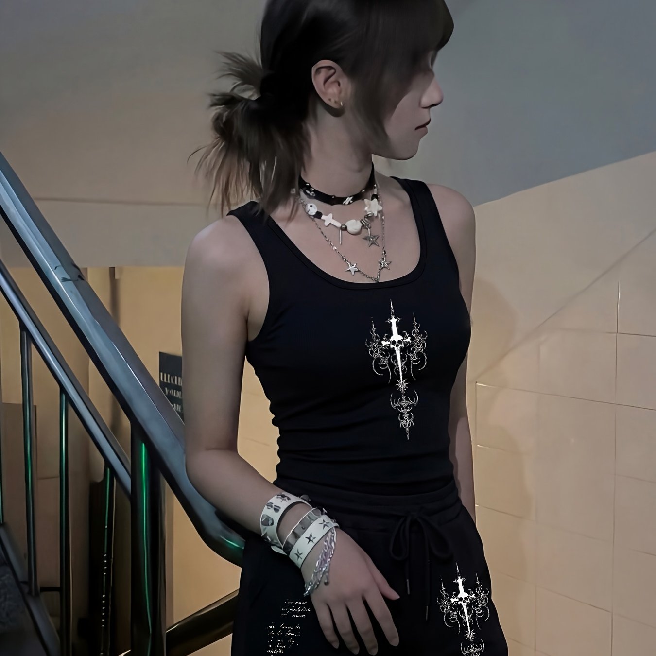 TEMU Y2k Spicy Style, Dark Gothic Cross Print, Women's Casual Spring/summer Outfit Set, Fiber Fabric Tank Top And Ant-cloth Shorts Set, Suitable For