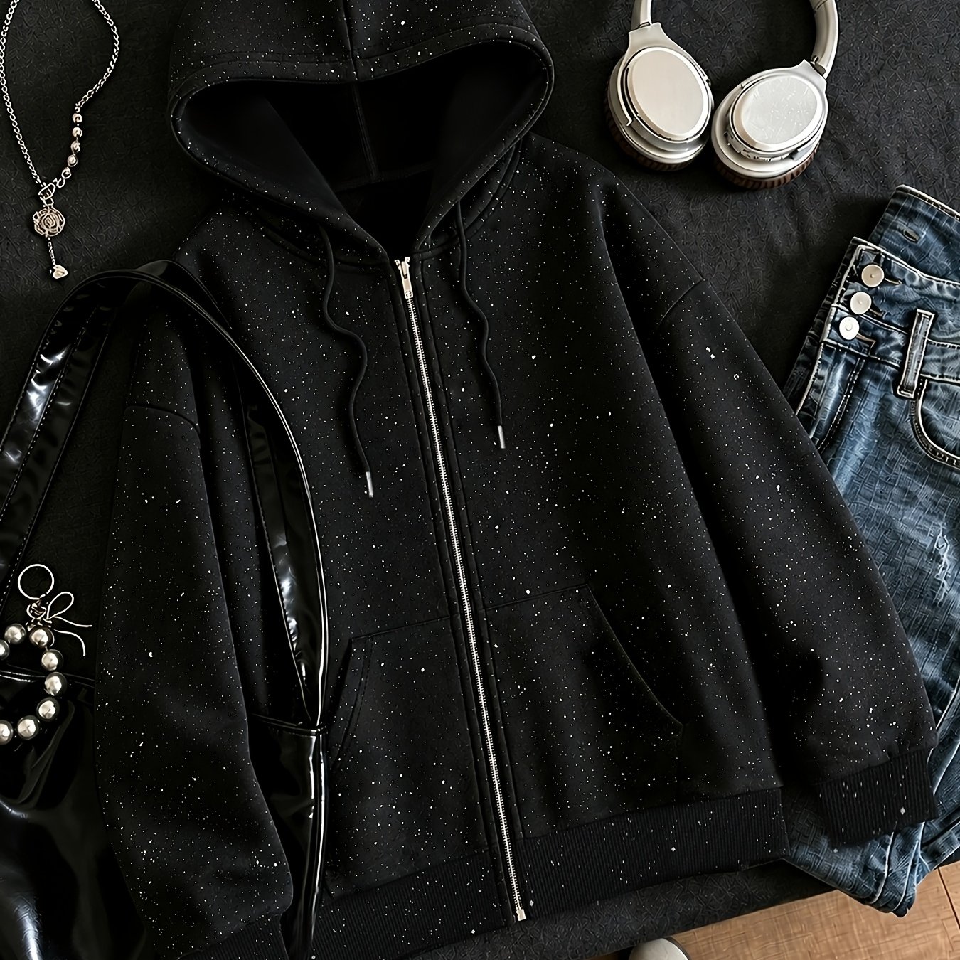 TEMU Zip-up Hooded Sweatshirt With Kangaroo Pocket And Drawstring Hood, Featuring A Loose Drop-shoulder Oversized Fit. A Versatile Vintage Streetwear