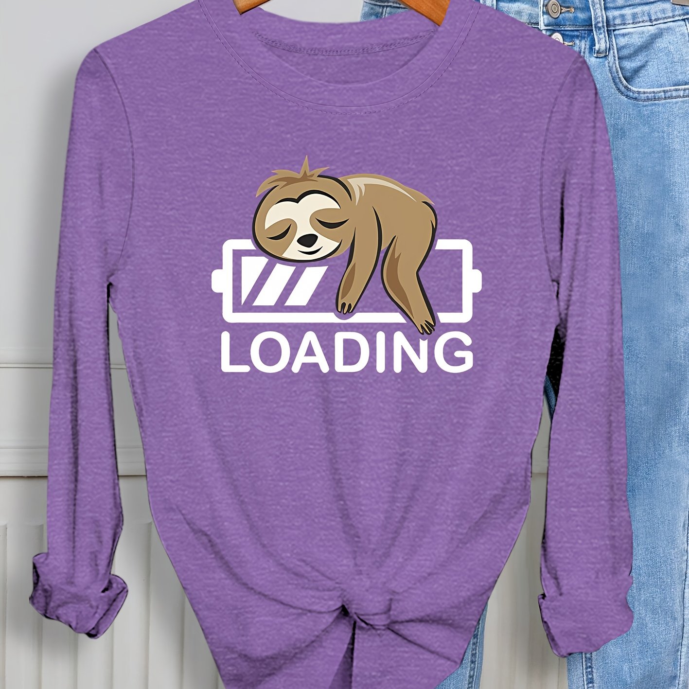 TEMU Sleeping Sloth Autumn Winter Casual Round Neck Long Sleeve Sports T-shirt Women's, Loungewear, Winter Clothing, Relaxed Fit, Graphic Tee, Medium