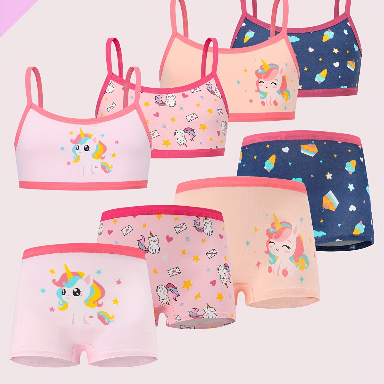 Image of 4 Sets/8-pcs Girls' Tank Top And Underwear Set, Cute Unicorn Pattern, Soft And Comfortable Girls' Underwear Set
