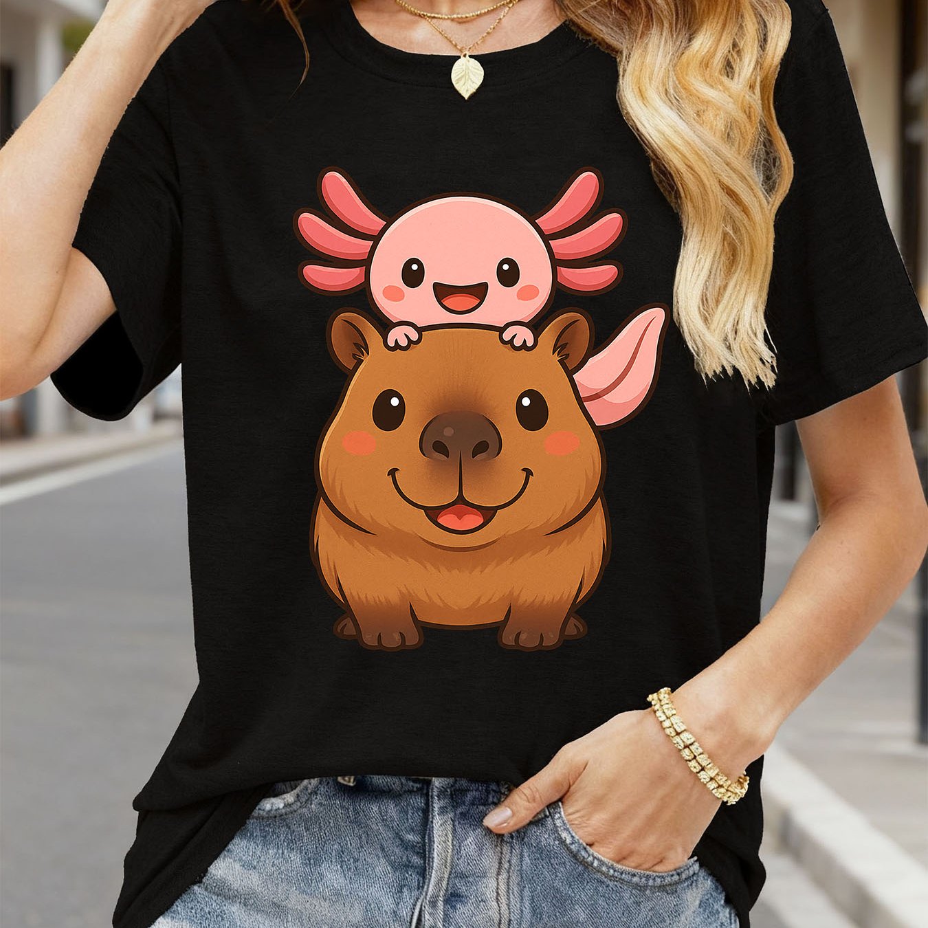 TEMU Capybara Axolotl Kawaii Zoo Day Print T-shirt, Short Sleeve Crew Neck Casual Top For Summer & Spring, Women's Clothing