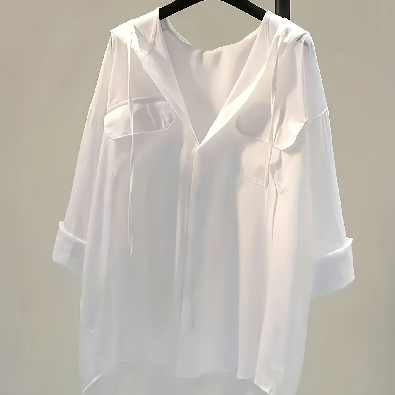 Image of Plus Size, Women White Hooded Blouse, Drawstring Shirt With Double Chest Pockets, Roll-up Sleeve Loose Fit Longline Casual To