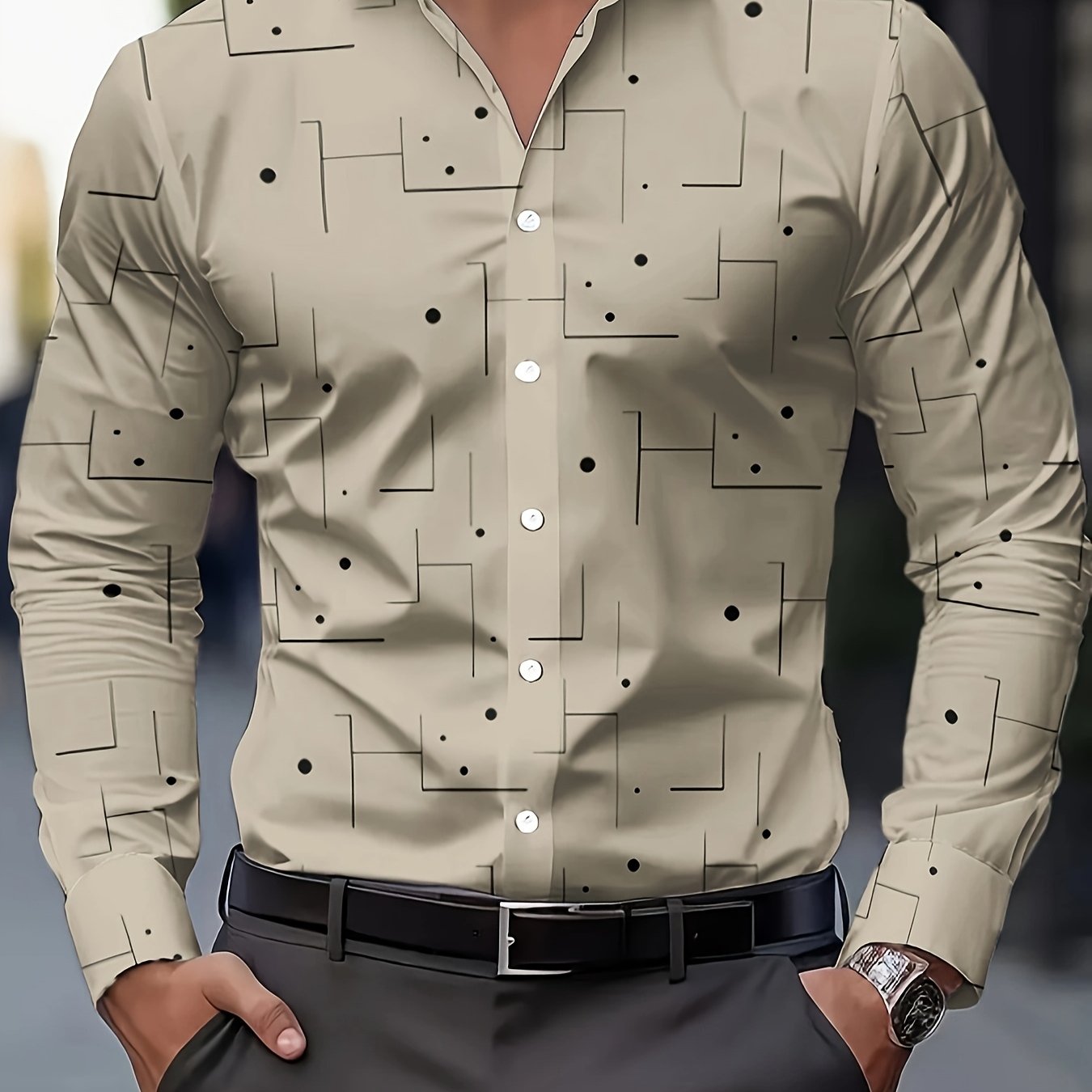 TEMU Men's Long Sleeve Casual Geometric Character Print Shirt