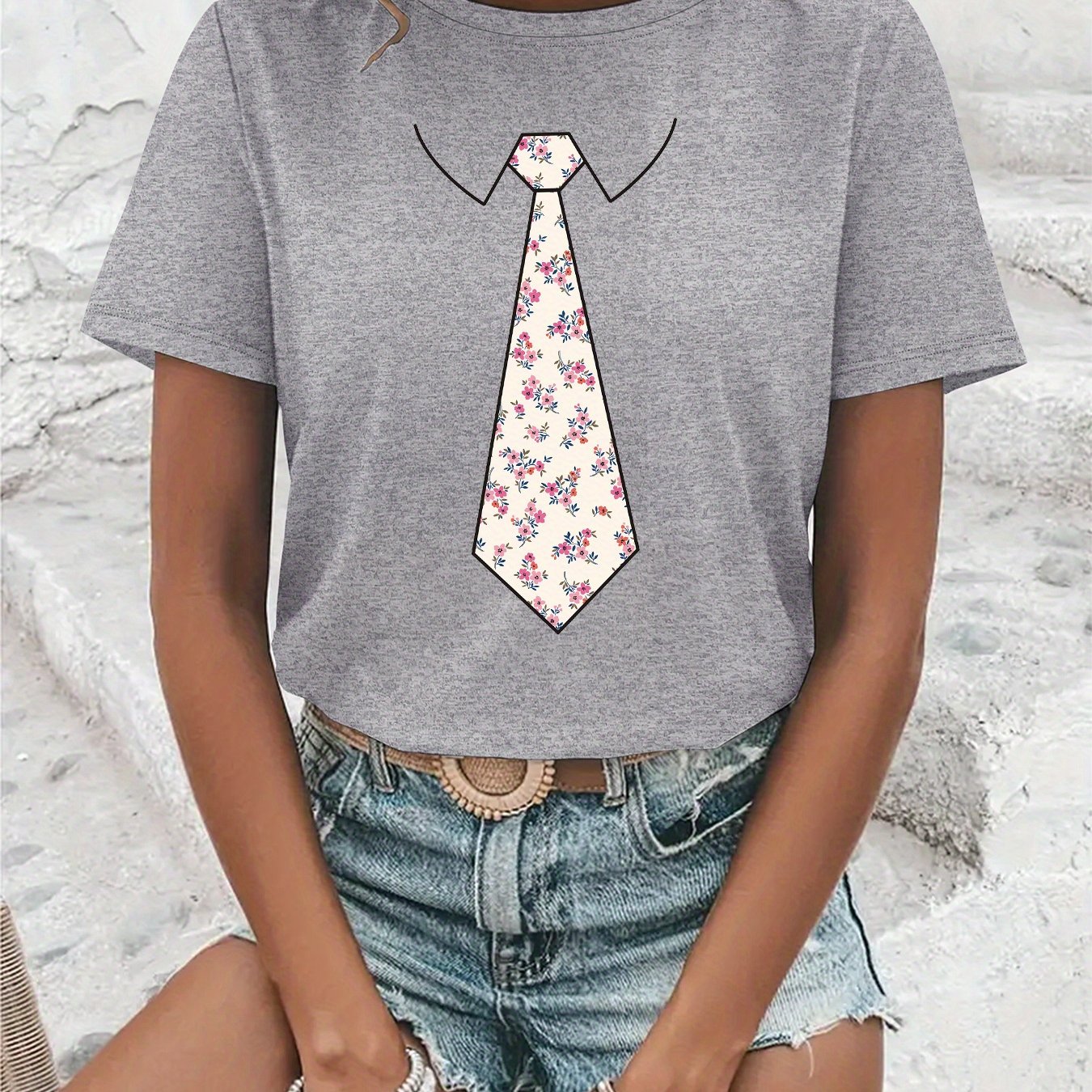 TEMU Women's Fashion T-shirt With A Printed Design, Casual Round-neck Short-sleeve T-shirt For Women